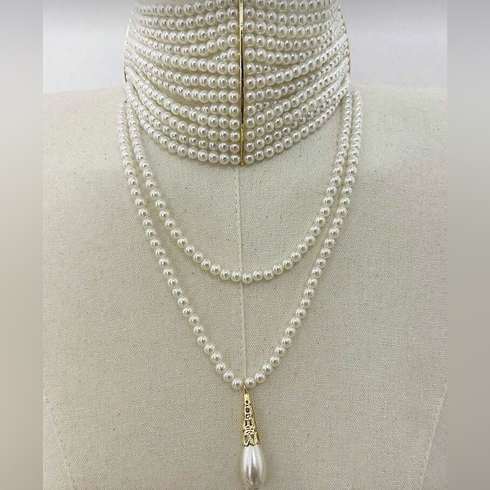 Women's Multi-layer Vintage Pearls Choker Necklace - Tassel Collars - Picture 3 of 8